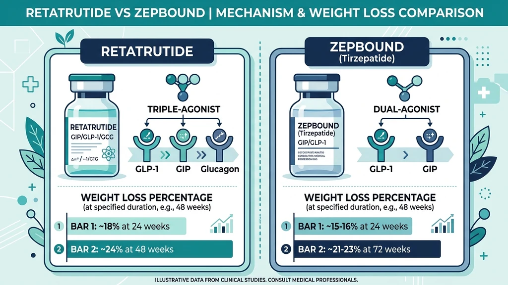 Retatrutide vs Zepbound comparison chart showing weight loss percentages, mechanisms, and FDA status