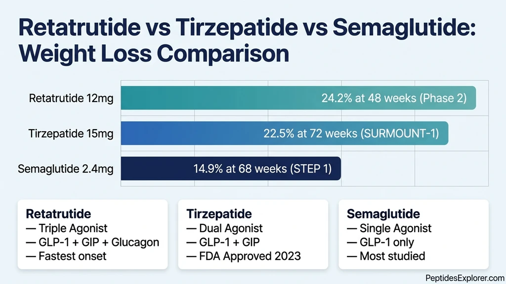 Retatrutide vs tirzepatide vs semaglutide weight loss comparison bar chart