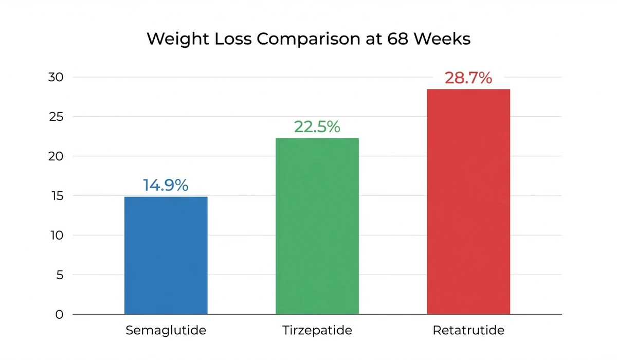Weight loss comparison chart: Semaglutide 14.9%, Tirzepatide 22.5%, Retatrutide 28.7% at 68 weeks