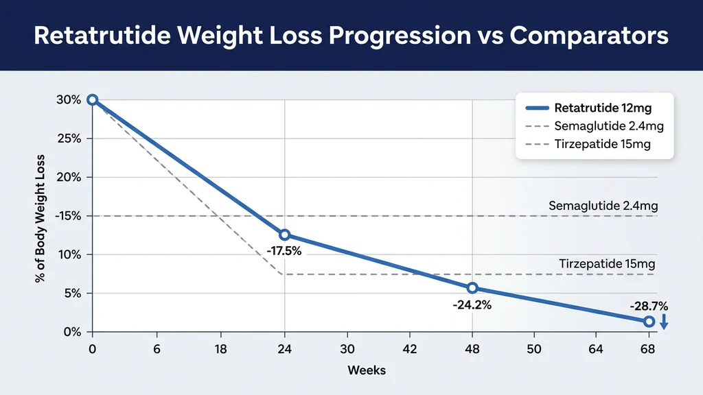 Retatrutide weight loss progression chart showing -28.7% at 68 weeks vs semaglutide and tirzepatide