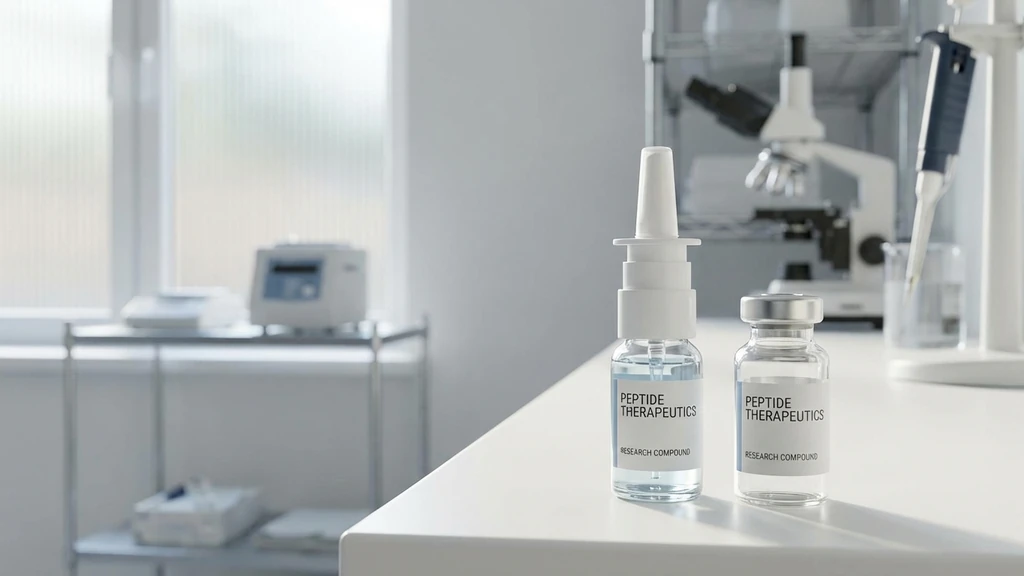 Intranasal peptide spray bottle and research vial in clinical laboratory setting