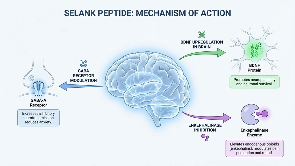 Selank mechanism of action: GABA modulation, BDNF upregulation, and enkephalinase inhibition