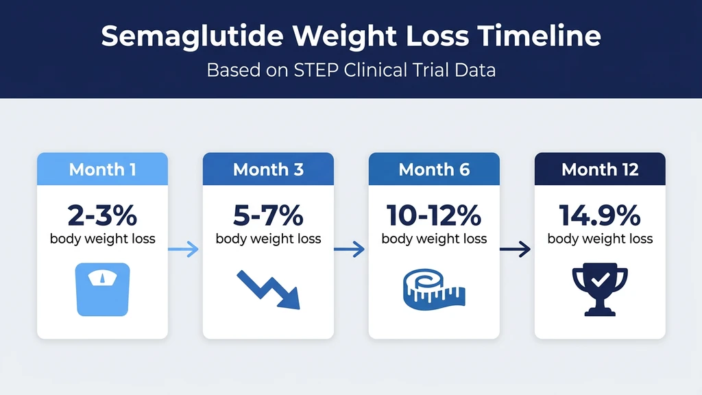 Semaglutide before and after results timeline showing weight loss percentages at each month from clinical trial data