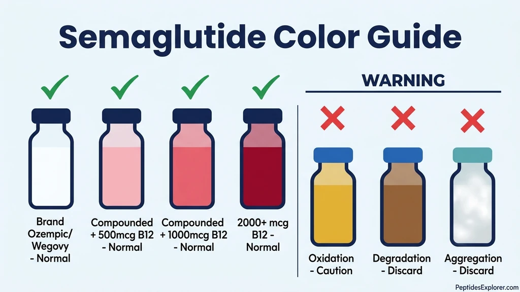Semaglutide color guide showing normal pink-red B12 colors versus degraded warning signs