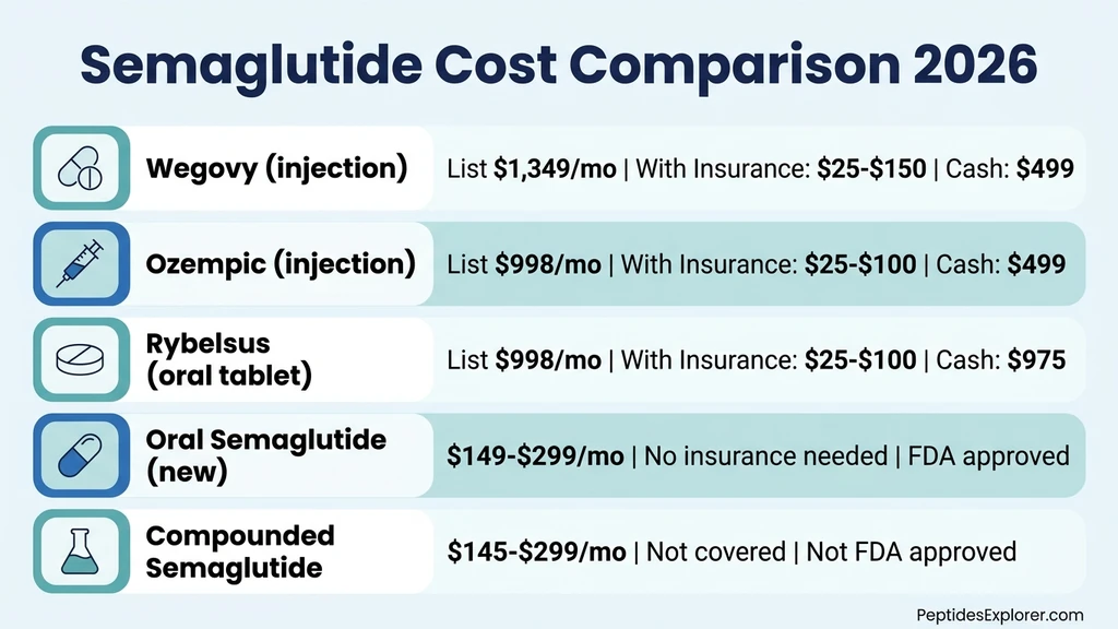 Semaglutide cost comparison chart showing brand vs compounded vs oral pricing in 2026