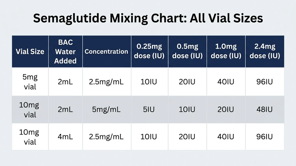 Semaglutide mixing chart reference: all vial sizes with BAC water volumes and IU markings