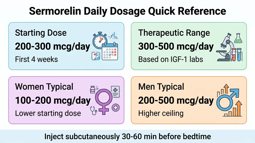 Sermorelin daily dosage quick reference card showing starting dose, therapeutic range, and gender-specific protocols