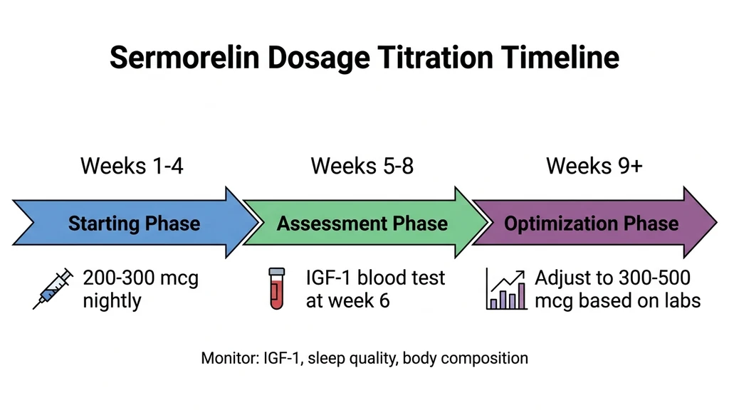 Sermorelin dosage titration timeline showing starting phase, assessment phase, and optimization phase