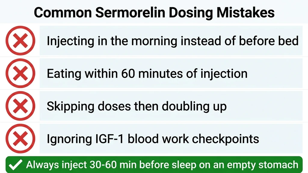Common sermorelin dosing mistakes infographic showing four errors to avoid