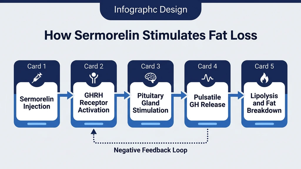 Sermorelin fat loss mechanism showing pulsatile GH release and lipolysis pathway