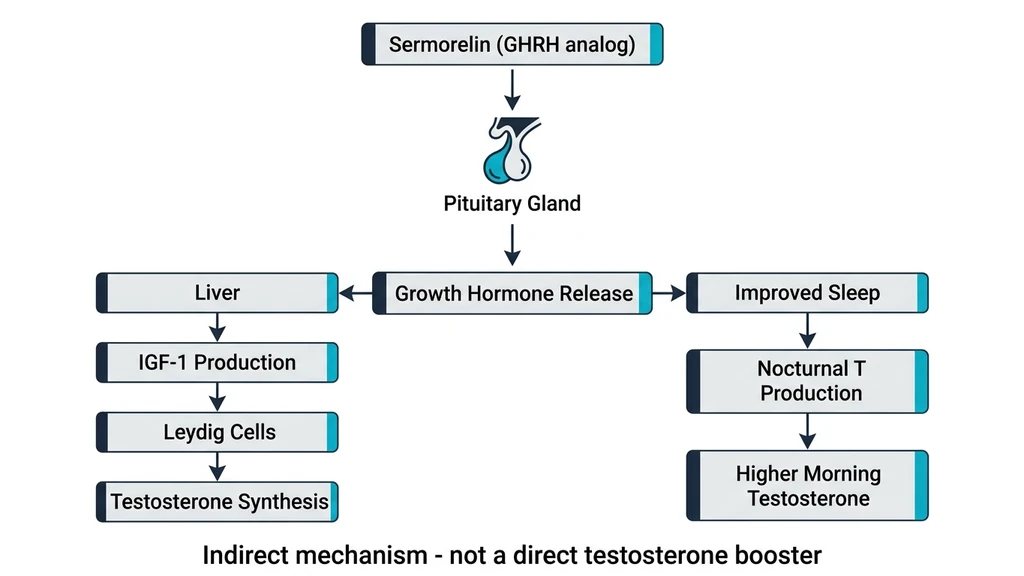 GH-testosterone axis showing sermorelin's indirect pathway through IGF-1 and Leydig cell stimulation