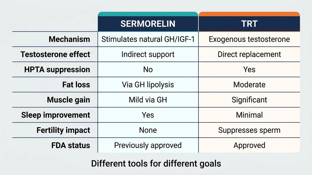 Sermorelin vs TRT comparison showing mechanisms, effects, and ideal use cases