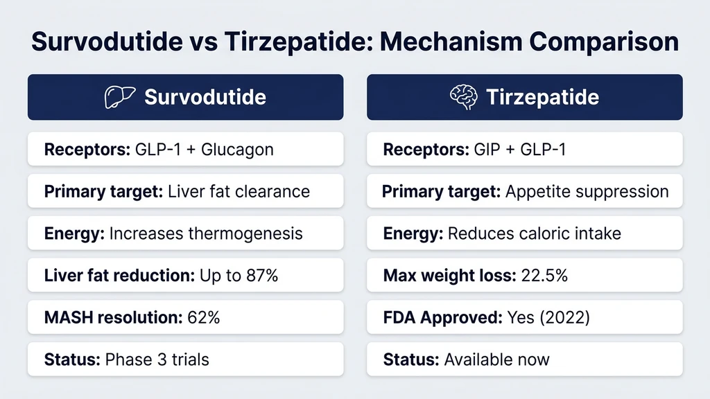 Survodutide and tirzepatide receptor pathway comparison showing downstream metabolic effects