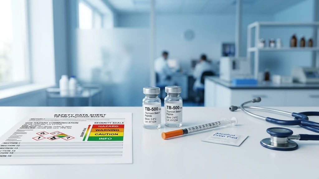 TB-500 side effects overview with peptide vials and safety severity scale