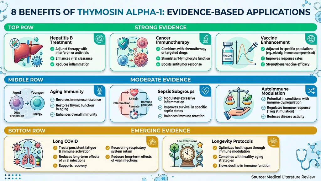 Thymosin Alpha-1 benefits organized by evidence level: strong, moderate, and emerging research