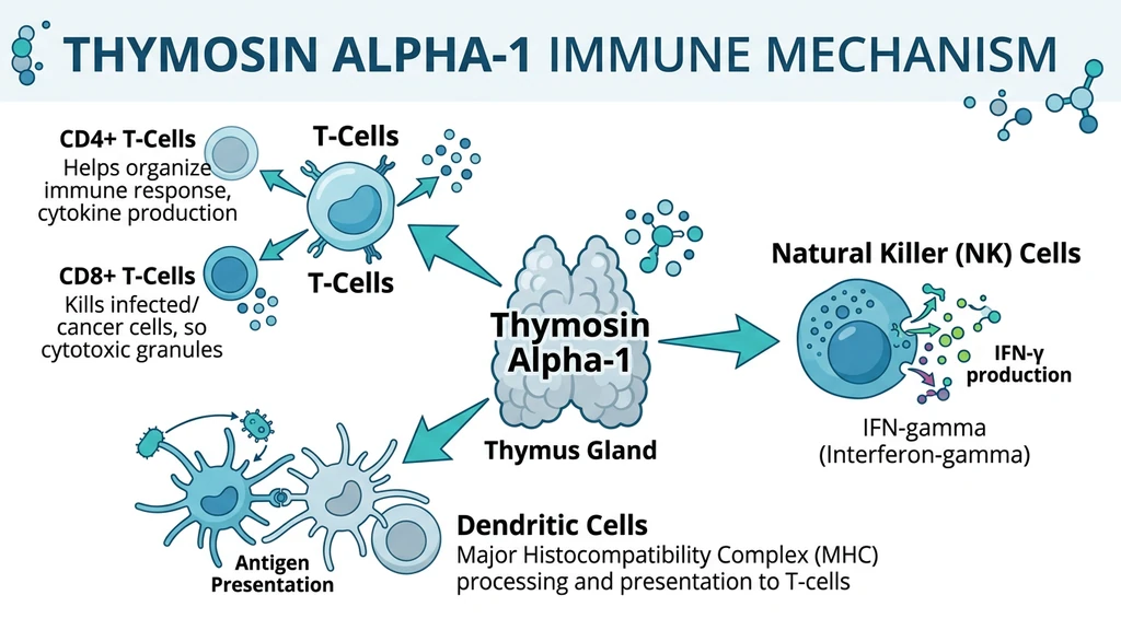 Thymosin Alpha-1 immune mechanism showing thymus gland activating T-cells, NK cells, and dendritic cells