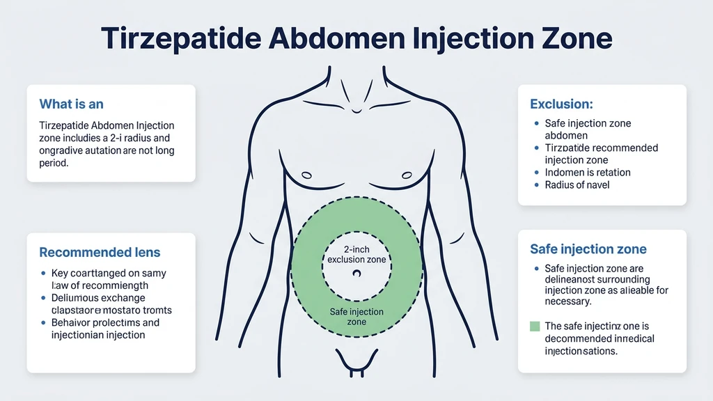 Tirzepatide abdomen injection zone diagram showing 2-inch navel exclusion boundary