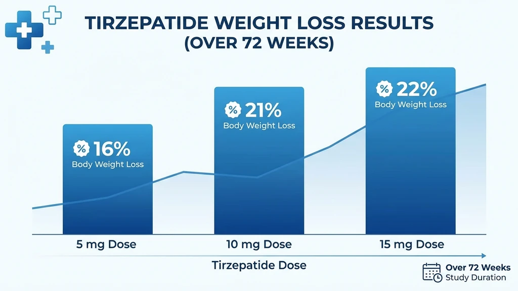 Tirzepatide weight loss results by dose: 5mg loses 16%, 10mg loses 21.4%, 15mg loses 22.5% over 72 weeks