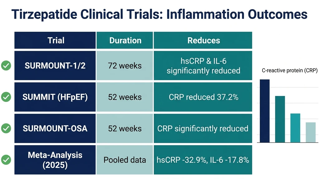 Tirzepatide clinical trials inflammation outcomes across SURMOUNT SUMMIT and meta-analysis data