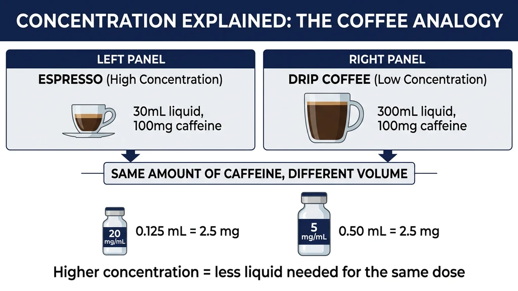 Concentration explained with coffee analogy: espresso vs drip coffee, same caffeine different volume, applied to tirzepatide vials
