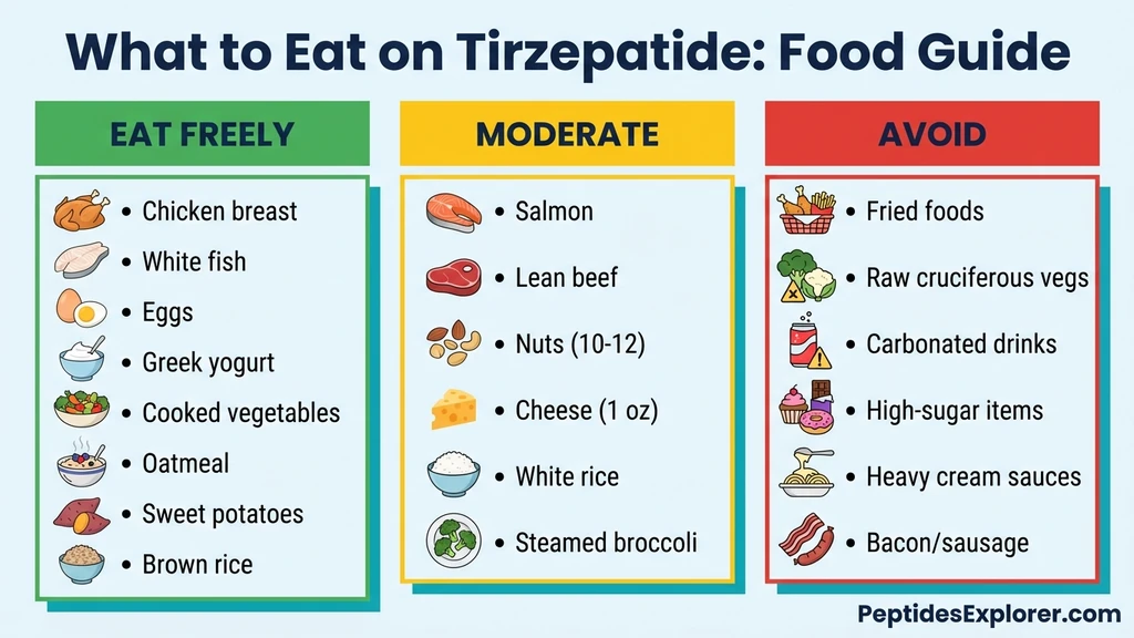 Tirzepatide diet guide infographic showing green yellow and red food categories