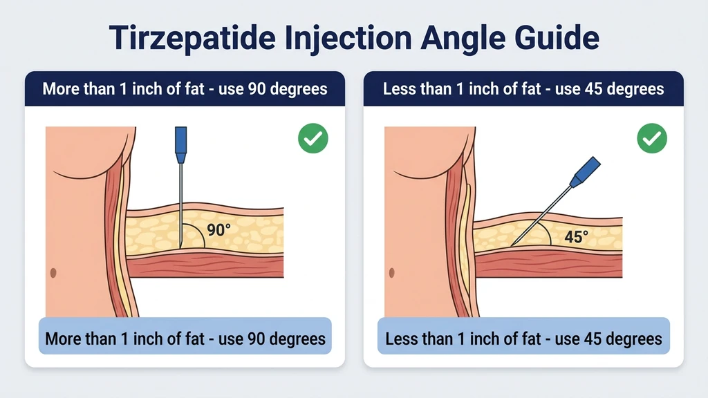 Tirzepatide injection angle guide: 45-degree vs 90-degree illustration by subcutaneous fat thickness