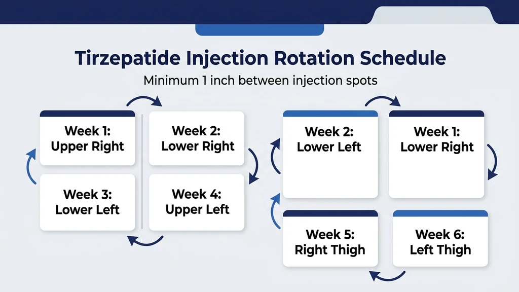 Tirzepatide injection site rotation map showing 4-quadrant abdomen system with weekly cycling schedule