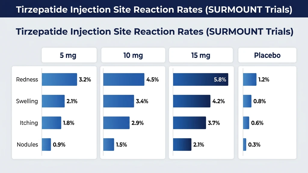 Tirzepatide injection site reaction rates by dose from SURMOUNT and SURPASS clinical trials