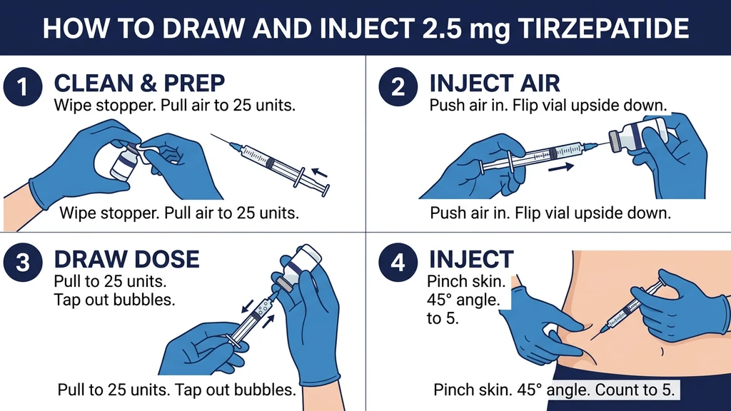 How to draw and inject 2.5 mg tirzepatide in 4 steps: clean and prep, inject air, draw dose, inject subcutaneously