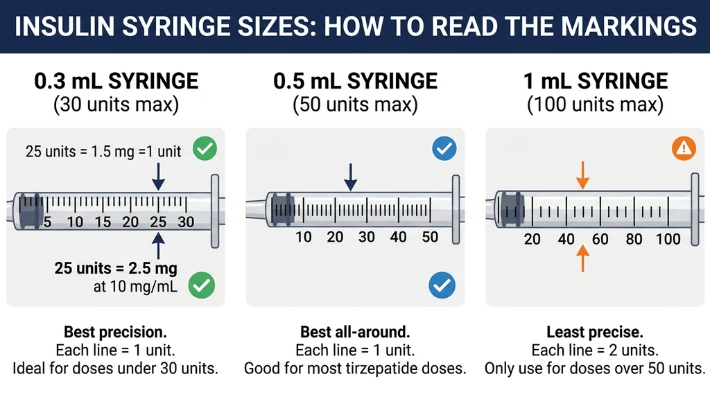 Insulin syringe sizes comparison: 0.3 mL (best precision), 0.5 mL (best all-around), and 1 mL (least precise) with graduation mark explanations