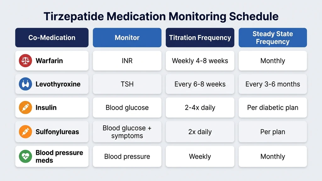 Tirzepatide medication monitoring schedule: frequency by co-medication type during titration and steady state