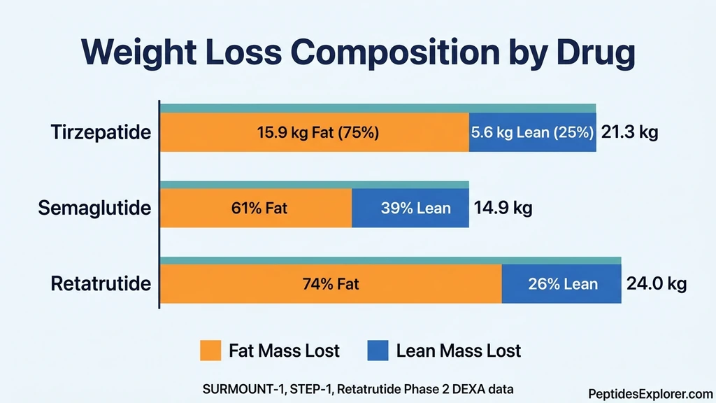 Tirzepatide vs semaglutide vs retatrutide body composition chart showing fat vs lean mass loss