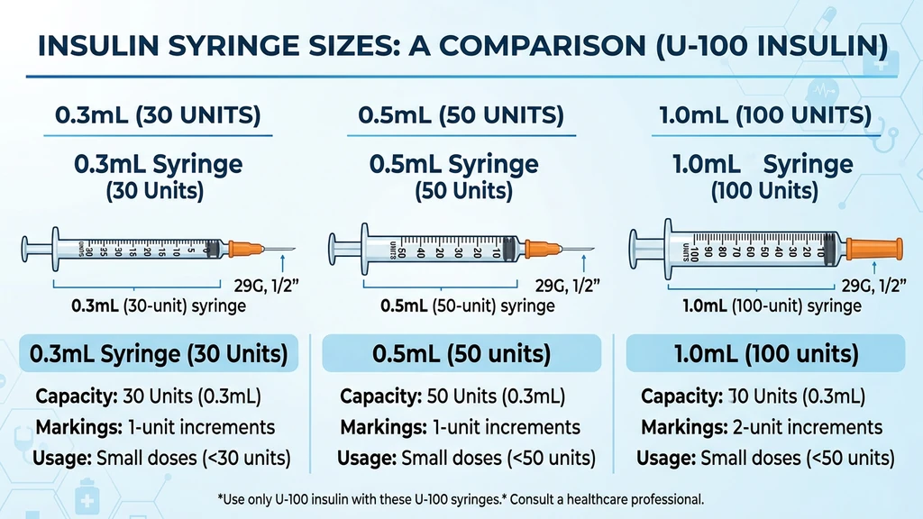 Insulin syringe comparison showing 0.3 mL, 0.5 mL, and 1 mL syringes with graduation marks