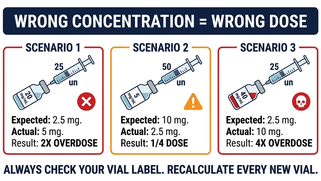 Wrong concentration equals wrong dose: three danger scenarios showing 2x overdose, 1/4 underdose, and 4x overdose from concentration errors