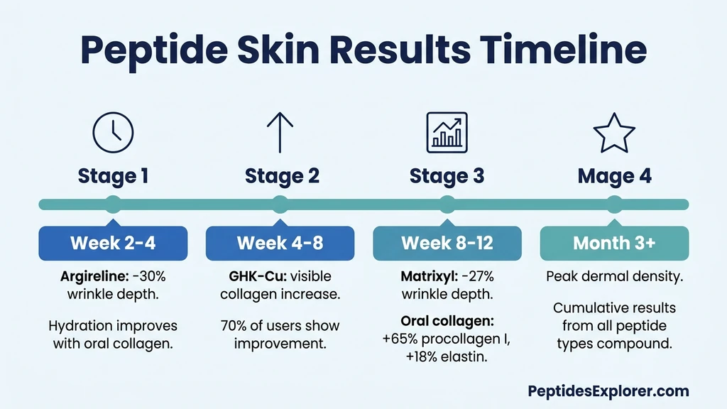 Peptide skin results timeline showing improvements from week 2 through month 3+