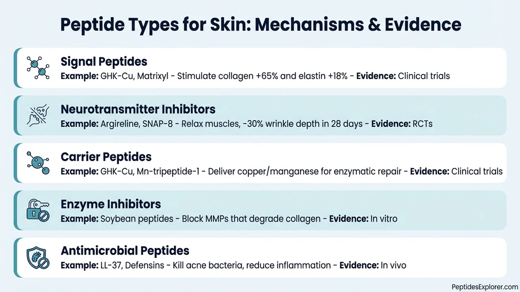 Peptides for skin infographic showing collagen synthesis, barrier repair, and wrinkle reduction mechanisms