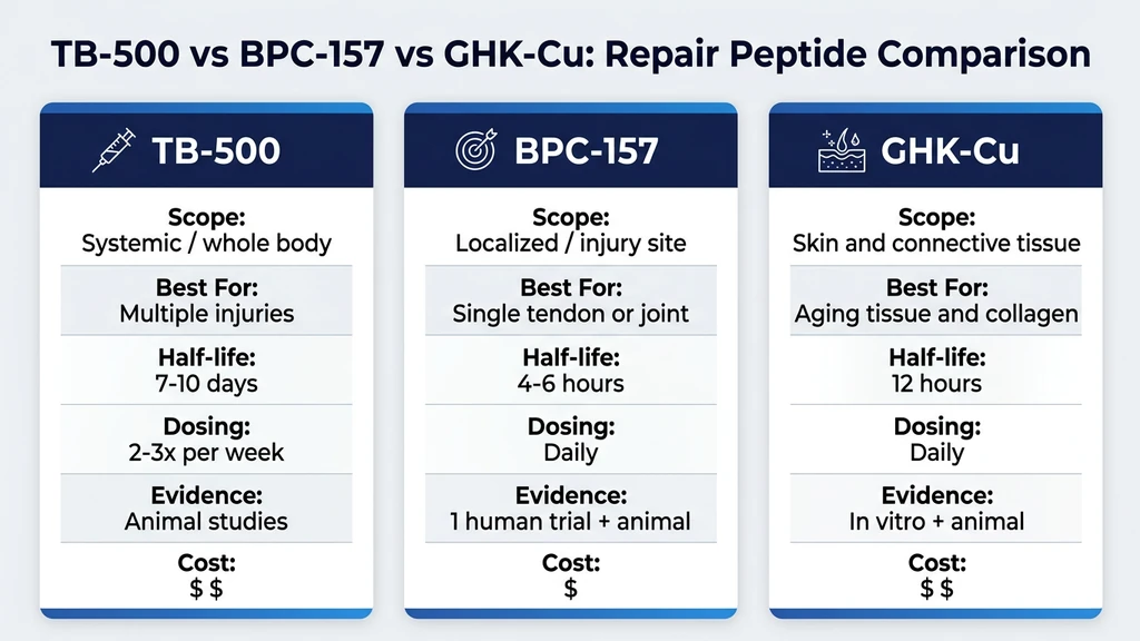 TB-500 vs BPC-157 vs GHK-Cu comparison for tissue repair