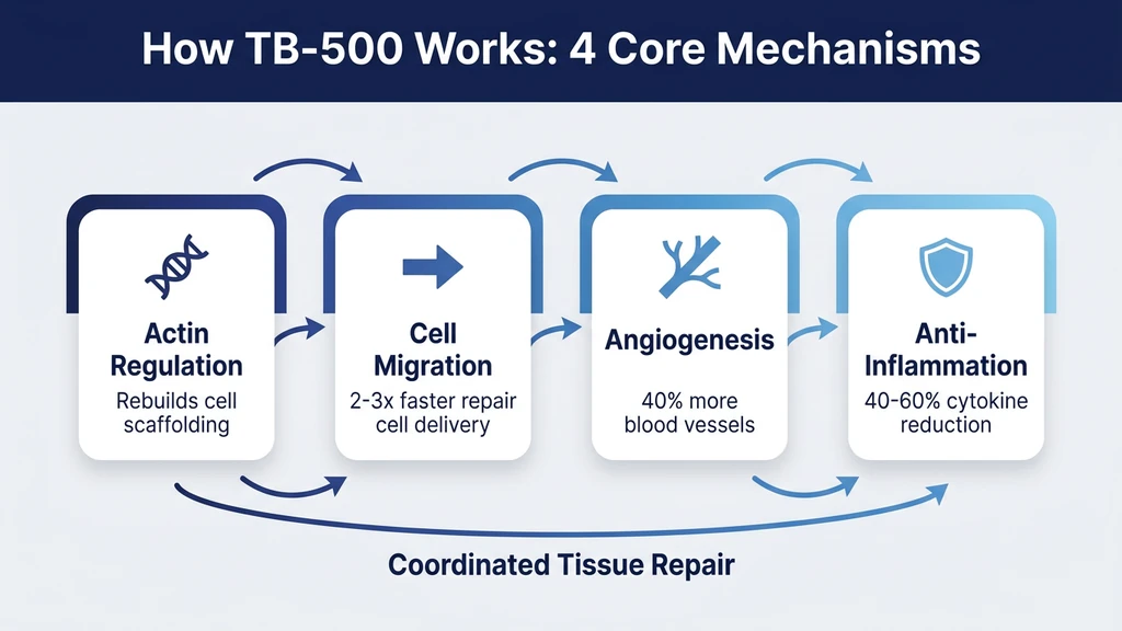 TB-500 four core mechanisms: actin regulation, cell migration, angiogenesis, anti-inflammation