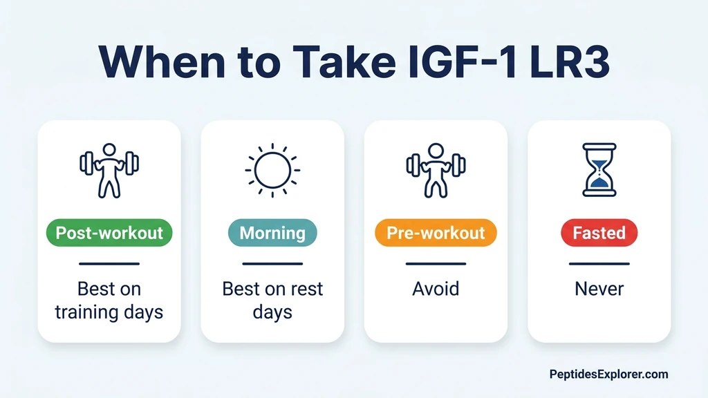 IGF-1 LR3 timing chart comparing post-workout, morning, pre-workout and bedtime injection windows with the fed-state rule