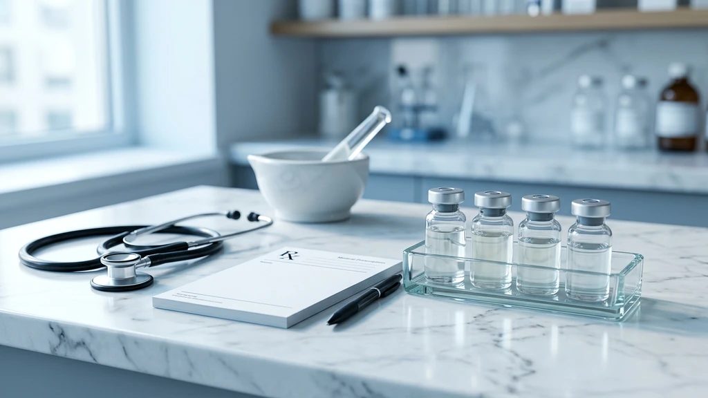 Sermorelin sourcing guide showing peptide vials, prescription pad, and compounding pharmacy equipment