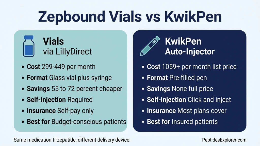 Zepbound vials vs KwikPen comparison showing price and format differences
