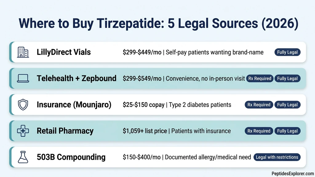 Where to buy tirzepatide legally in 2026 - comparison of 5 sources with prices