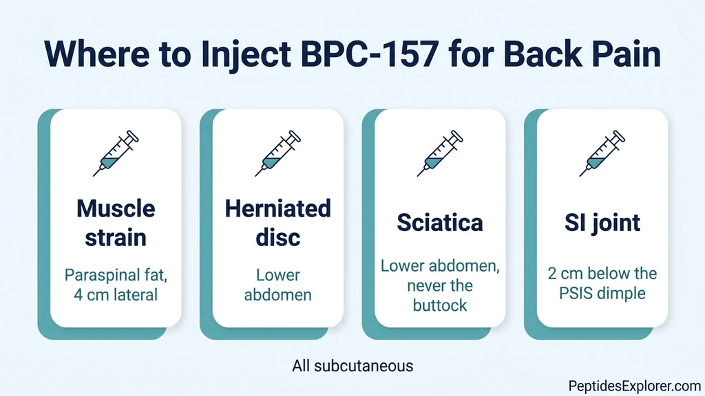 BPC-157 lower back injection map: abdominal systemic site and paraspinal subcutaneous zones 4 cm lateral to the spine, with the midline and kidney zones marked as no-go