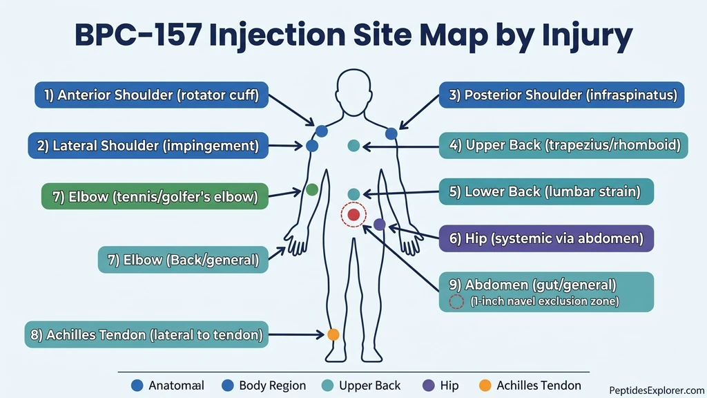Where to inject BPC-157 body map showing injection sites by injury location