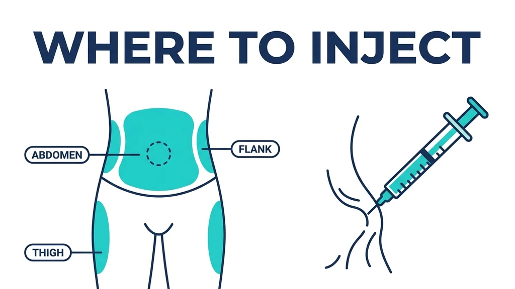 Injection site map for CJC-1295 and ipamorelin showing abdomen, thigh, and love handle zones