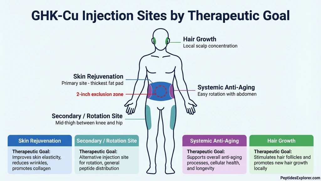 GHK-Cu injection site body map color-coded by therapeutic goal