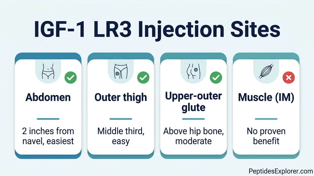 IGF-1 LR3 injection site map showing abdomen, thigh and glute zones with subcutaneous depth