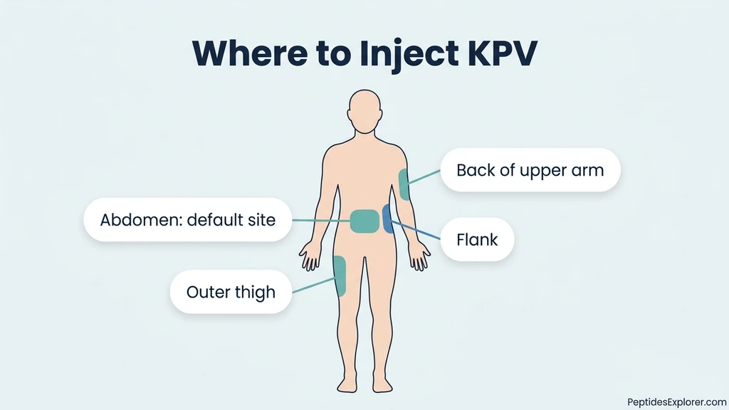 KPV injection site map showing abdomen, outer thigh, back of upper arm and flank zones with subcutaneous depth