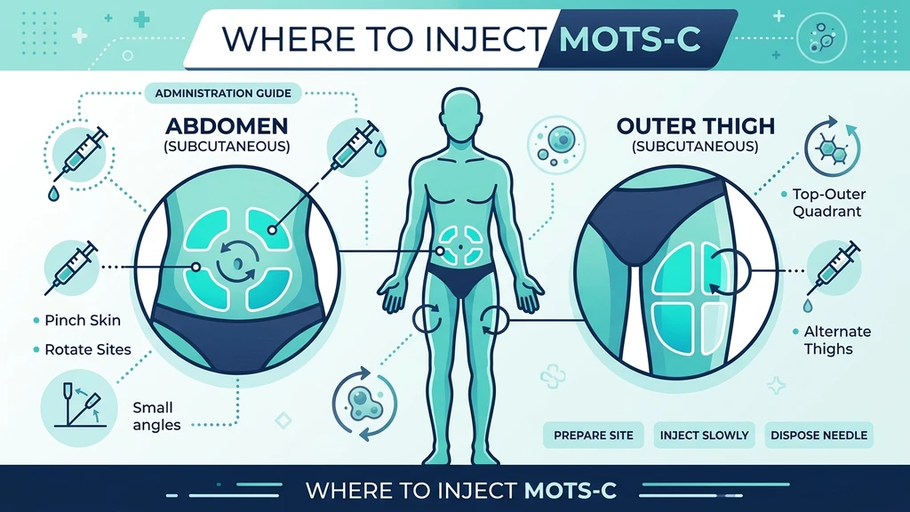 Body map showing the best subcutaneous injection sites for MOTS-c peptide
