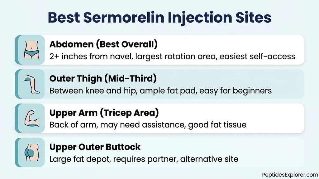 Best sermorelin injection sites ranked: abdomen, thigh, upper arm, and buttock